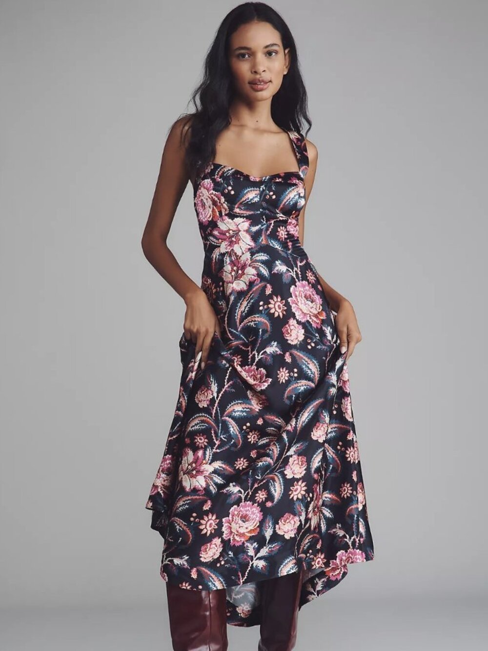 Anthropologie Jocelyn Sleeveless Slip Midi Dress by Maeve, Black Floral, S